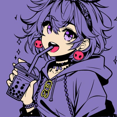 hot baddie anime girl drinking boba and biting the straw