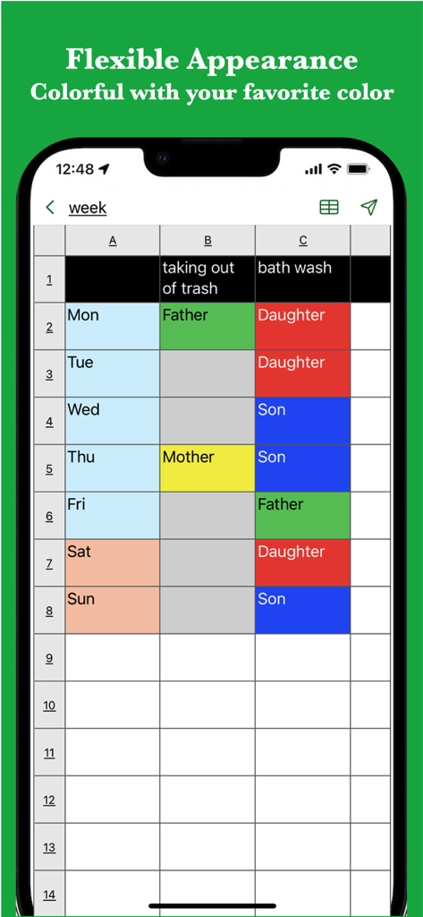 # Simple Table - Note as table - A mobile app screenshot showing a color-coded weekly schedule table for household chores with flexible appearance features