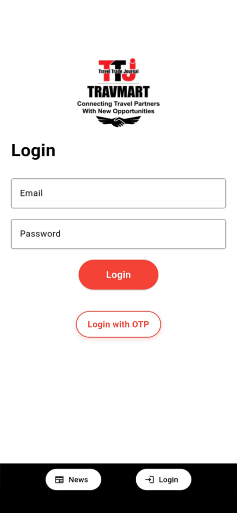 TTJ TRAVMART MARKETPLACE - TTJ Travmart Marketplace app login interface showing email and password entry fields