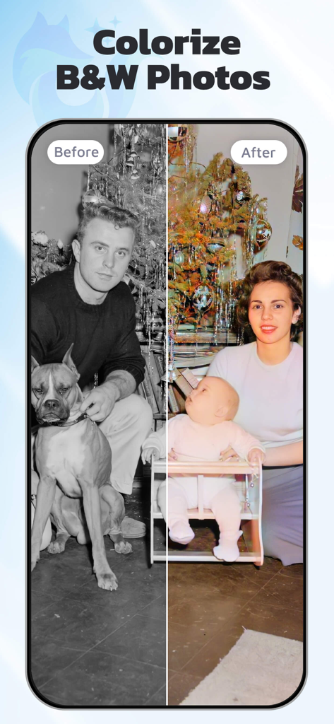 Before and after comparison showing colorization of a black and white family photo with a dog