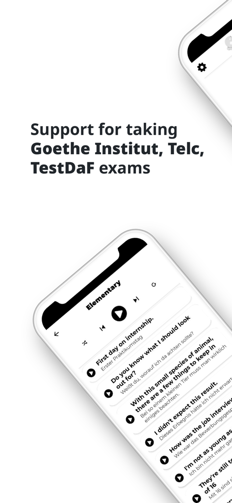 Capture d'écran d'une application mobile montrant le support pour les examens Goethe Institut, Telc et TestDaF avec des leçons de niveau élémentaire.