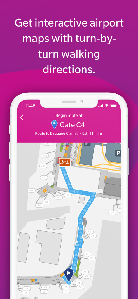 게이트에서 수하물 찾는 곳까지의 이동 경로 안내가 포함된 대화형 공항 지도를 표시하는 하와이안 항공 앱