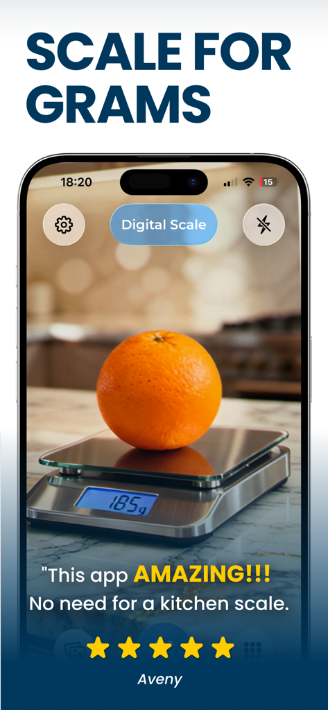 Scale For Grams App-Bildschirm, der eine KI-Digitalwaagen-Oberfläche mit einer gewogenen Orange und einer Fünf-Sterne-Benutzerbewertung zeigt
