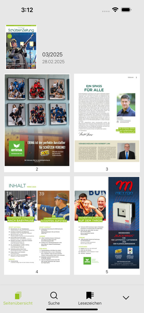 Seitenübersicht der digitalen Magazin-App der Deutschen SchützenZeitung mit Inhalten zu Sportschießen und Bogensport.