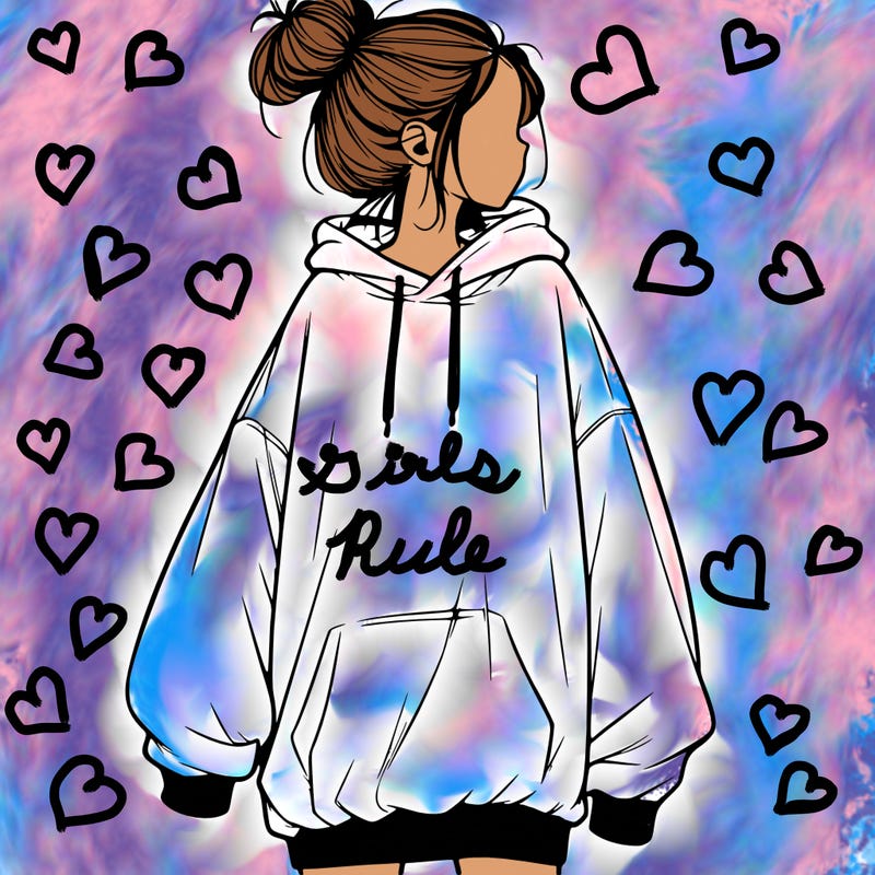 realistic girl with a oversized sweatshirt on and a bun