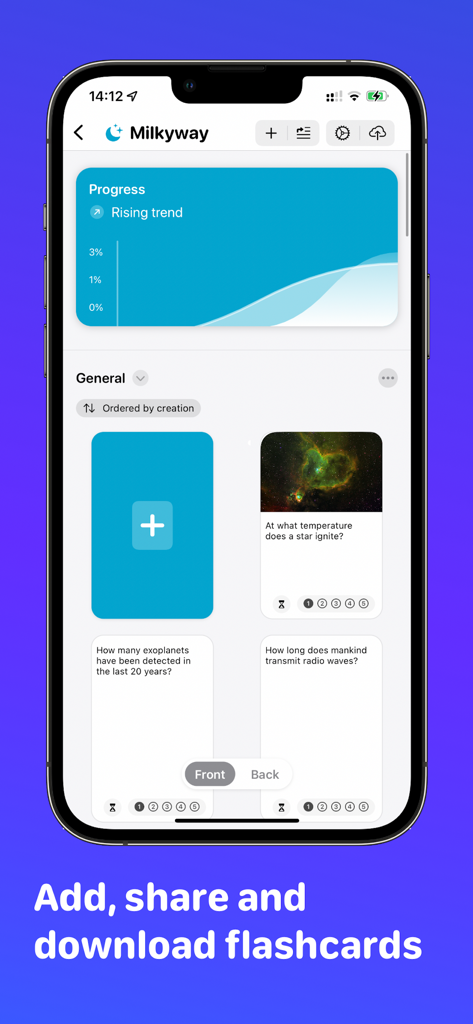 Dashboard of the Flippy app showing a progress chart and a collection of flashcards for studying.
