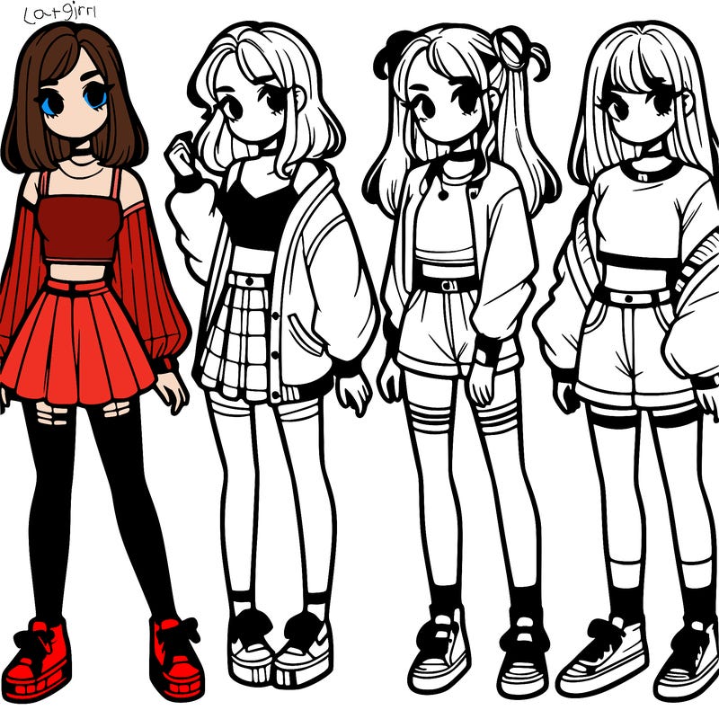 one girl with crop-top shirt and a jacket with a skirt, long socks and another girl with a shirt and pants with a jacket