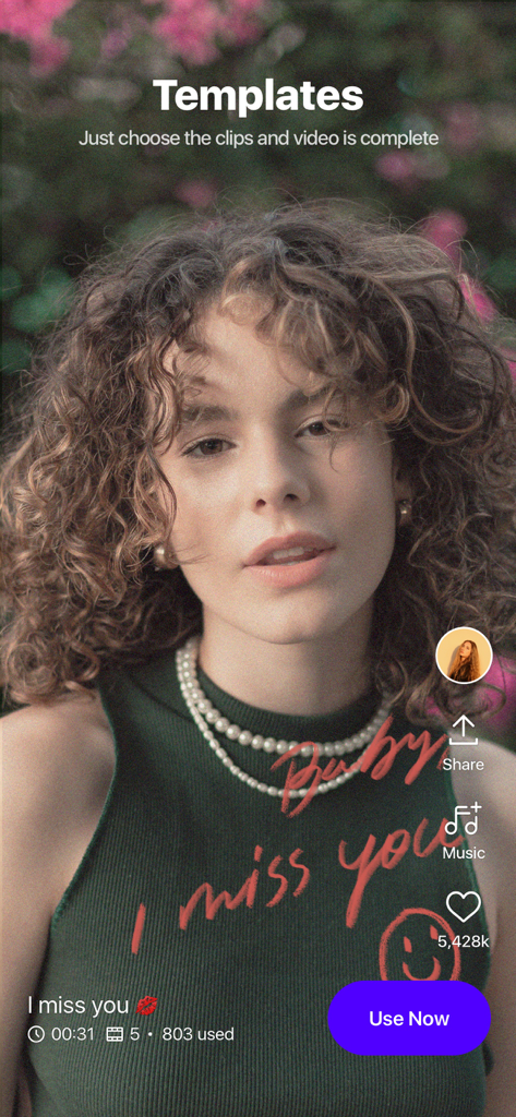 Tela do aplicativo VITA mostrando um modelo de vídeo estético com uma jovem e sobreposições de texto personalizadas