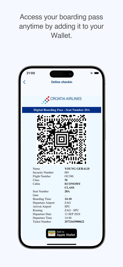Croatia Airlines - Digital boarding pass on the Croatia Airlines mobile app with Apple Wallet integration