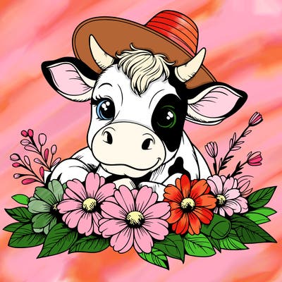 a realistic cow with flowers