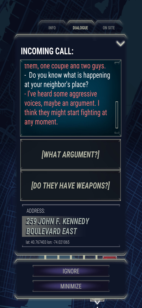 911 Operator simulation game screen showing an incoming emergency call dialogue with response options.