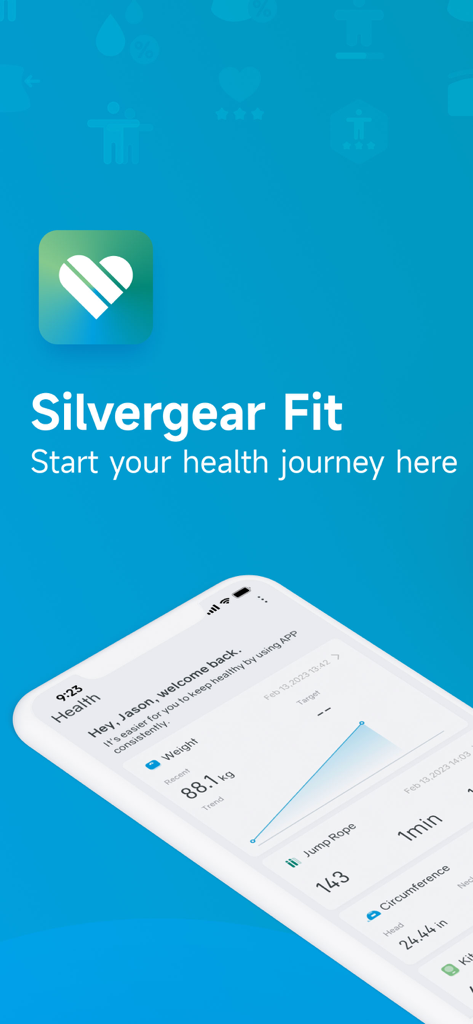 Silvergear Fit app welcome screen showing a smartphone with a health data dashboard displaying weight and fitness stats.