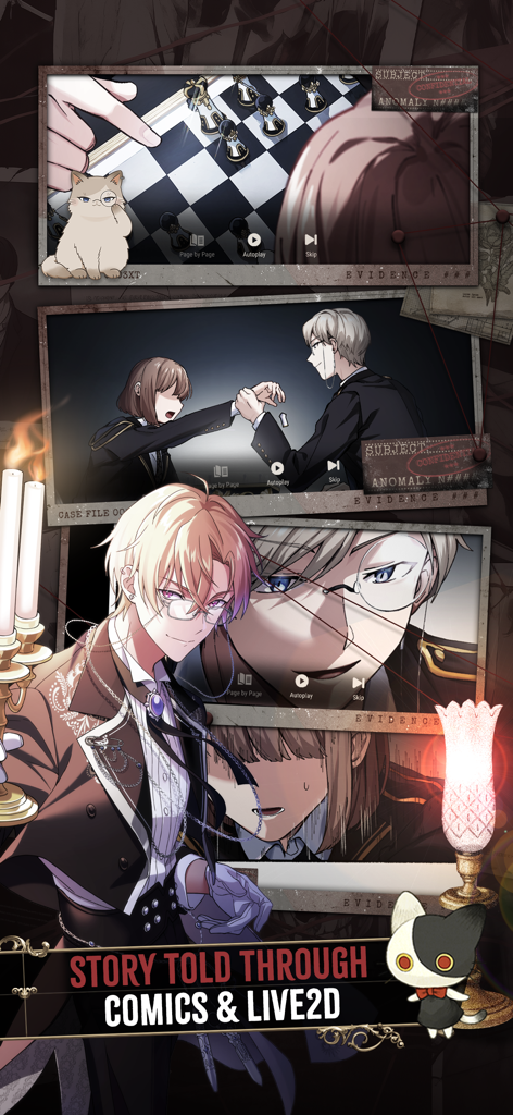 A vertical game screenshot showing anime characters in comic book panels with the text Story Told Through Comics and Live2D.