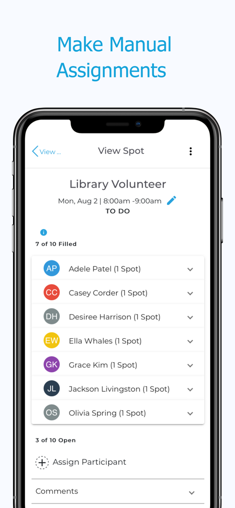 Interface for managing library volunteer sign ups and assigning new participants