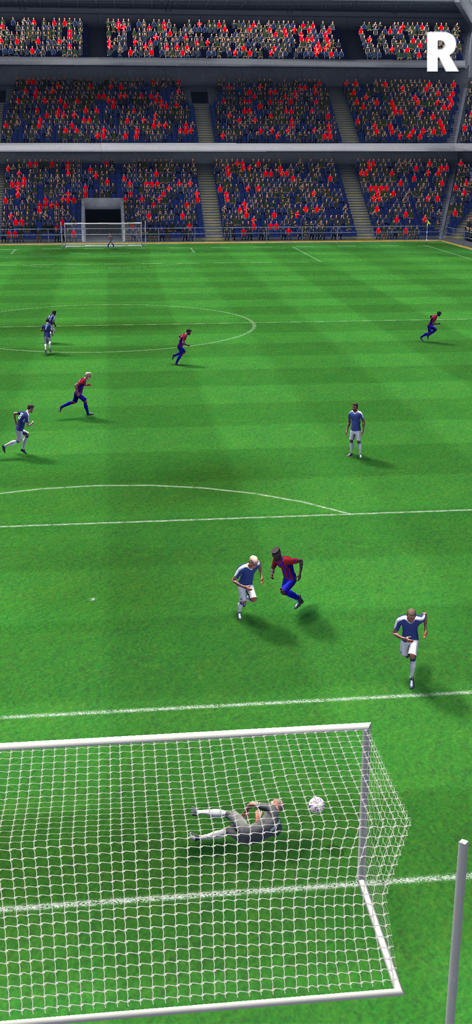 3D match highlights showing a goalkeeper diving for a ball in Soccer Club Management 2025
