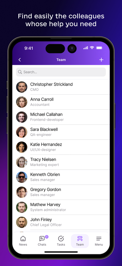 Uspacy app team directory showing a list of colleagues and their titles