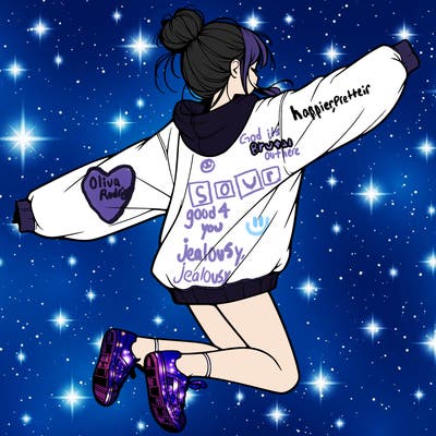 realistic girl jumping with a bun and oversized sweatshirt