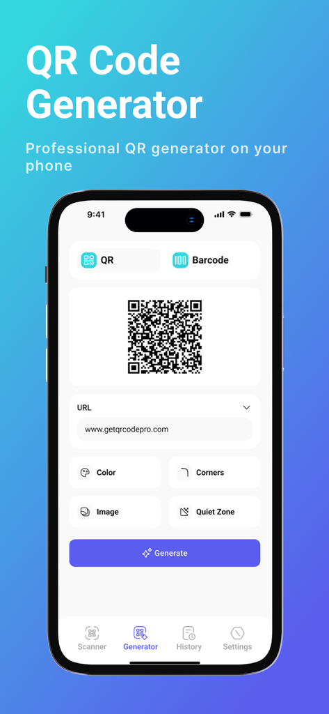 Smartphone-Bildschirm, der das professionelle QR-Code-Generator-Tool mit benutzerdefinierten Styling-Optionen anzeigt