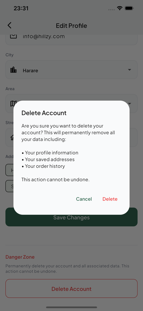 MOBIS Delivery - Pop-up de confirmação de exclusão de conta no aplicativo MOBIS Delivery