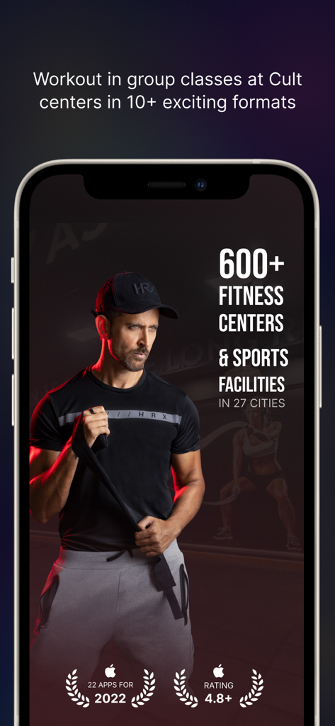 cult.fit Gym Workout & Fitness - Pantalla de la aplicación cult.fit que muestra más de 600 centros de fitness e instalaciones deportivas