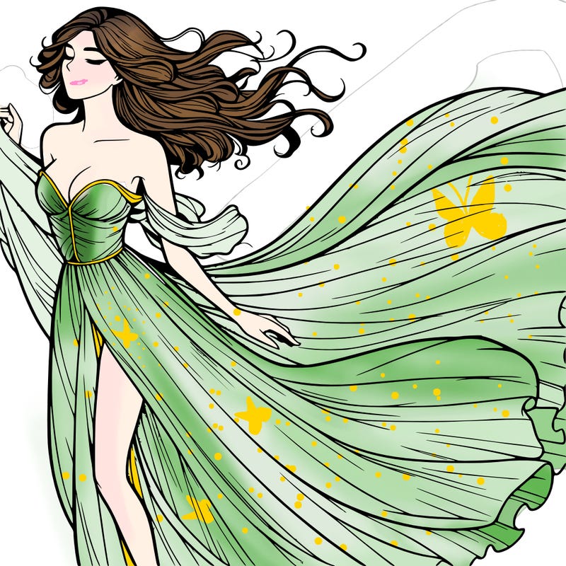 realistic woman in dress flowing the the wind