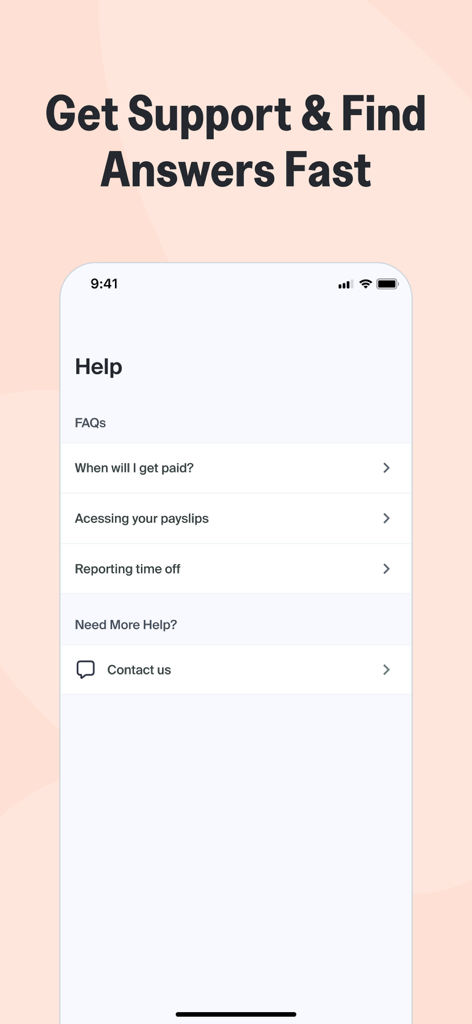 Papaya Personal: Employee App - Sección de ayuda de la aplicación Papaya Personal con preguntas frecuentes y opción de contacto con soporte.