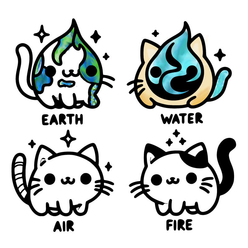4 cats that represent the different elements, earth, water, air, and fire