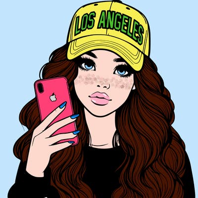 realistic beautiful girl wearing los ángeles cap holding an iphone