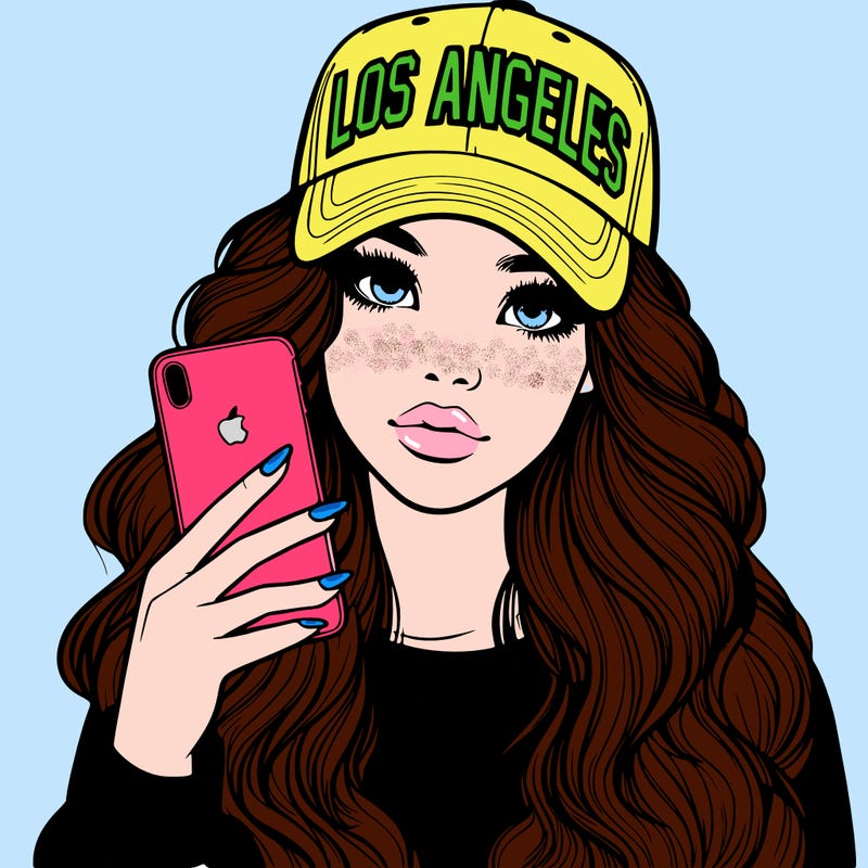 realistic beautiful girl wearing los ángeles cap holding an iphone