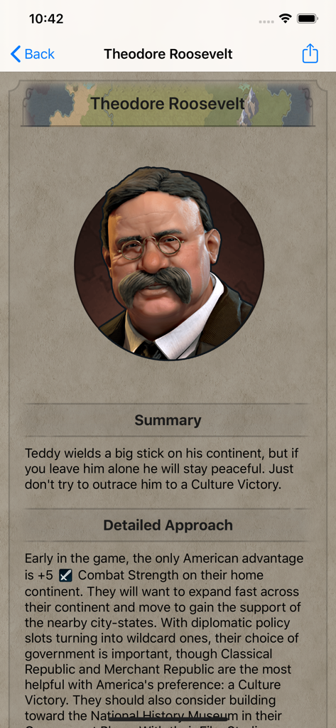 Theodore Roosevelt leader profile and strategy guide in the Civilopedia app.