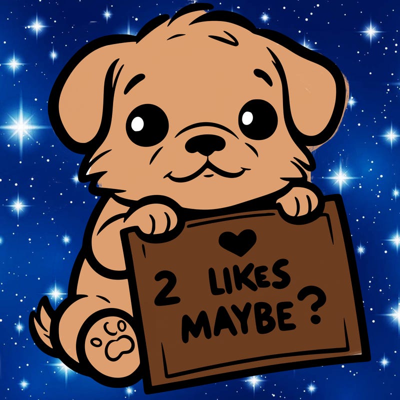 a puppy holding a sign that says 2 likes maybe?