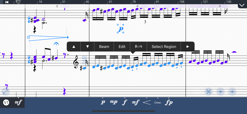 Symphony Pro - Music Notation - Musical score editing interface with notes and dynamics in Symphony Pro