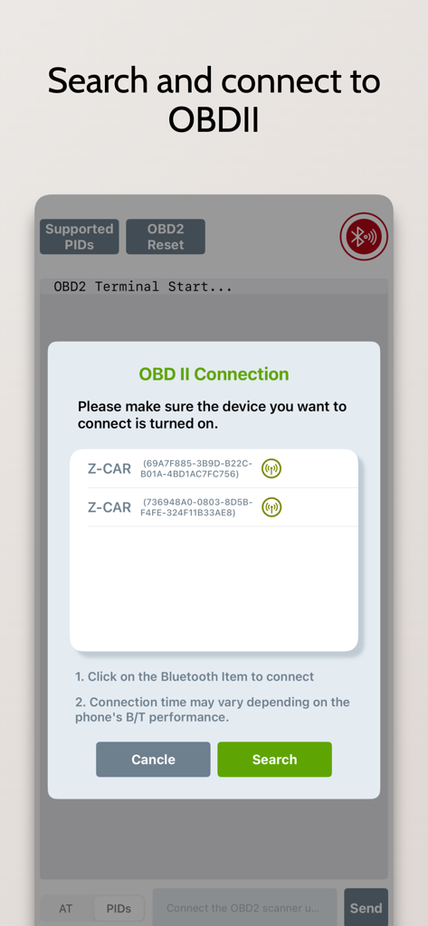 OBDII Terminal app screen showing a bluetooth connection popup to search and connect to ELM327 devices.
