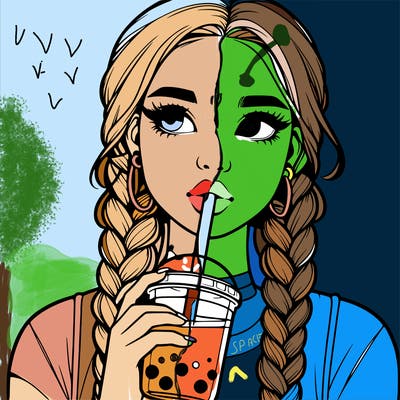 realistic girl with braided hair drinking boba