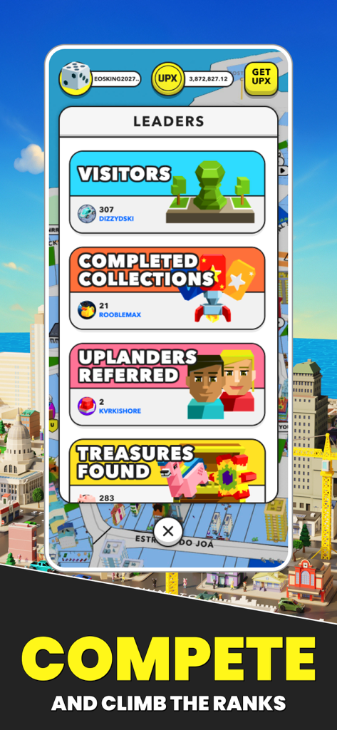 Upland: City-Builder - 컬렉션 및 방문자 순위를 보여주는 Upland 게임 리더보드 화면
