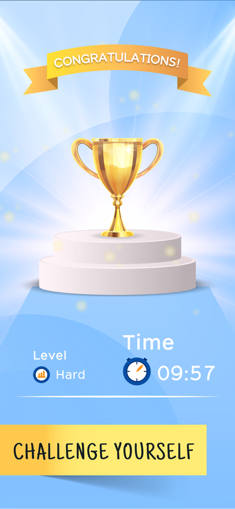 Sudoku: Classic Brain Puzzle - A gold trophy on a podium with a congratulations banner and completion time for a hard level sudoku puzzle.