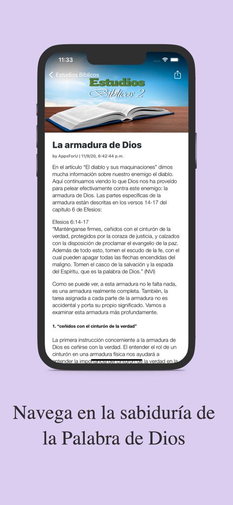 Estudios Bíblicos Profundos - Pantalla de smartphone mostrando un artículo de estudio bíblico en español titulado La armadura de Dios