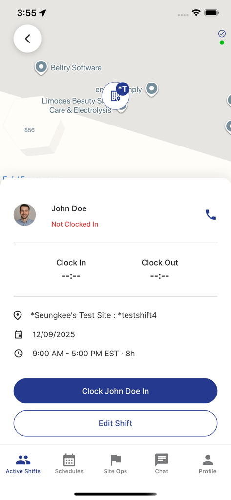 Belfry Security - Belfry Security app screen showing shift details and a clock-in button for a security officer.