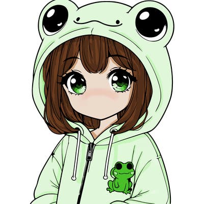 cute realistic girl in a froggy hoodie