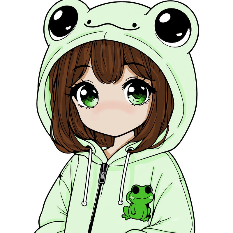 cute realistic girl in a froggy hoodie