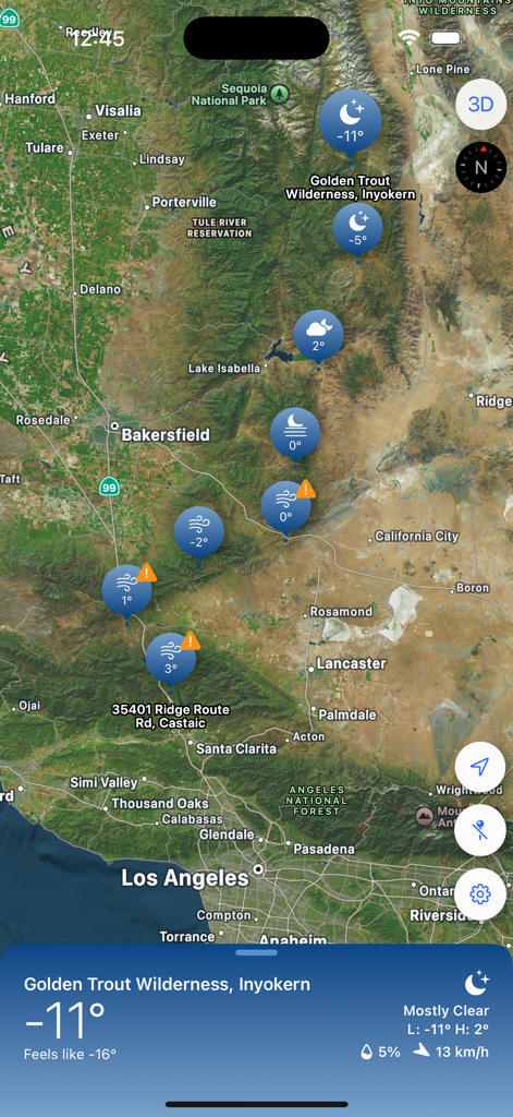 Tap Weather - Tap Weatherアプリの地図インターフェースにカリフォルニア州の気温アイコンとゴールデントラウト野生生物保護区の詳細な予報が表示されています