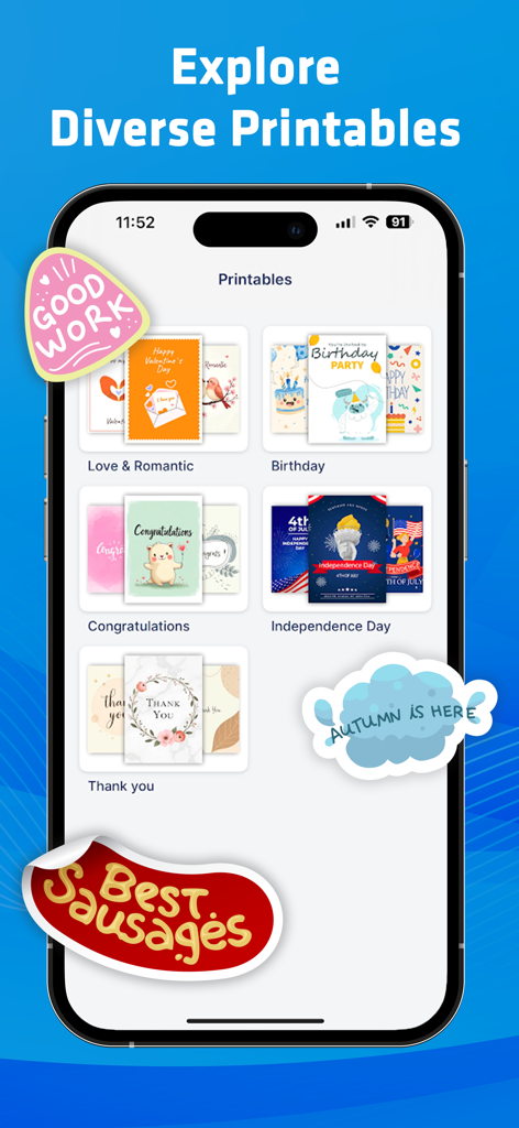 Smart Printer App-Oberfläche zeigt vielfältige druckbare Grußkarten-Vorlagen für Geburtstage, Feiertage und besondere Anlässe.