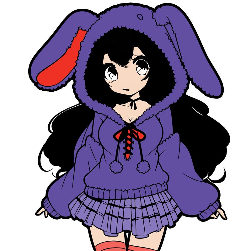 pretty anime girl wearing a fluffy hoodie with bunny ears on the hood and a skirt