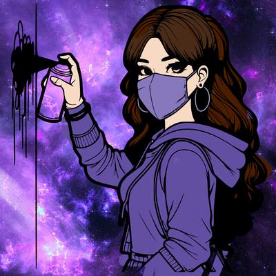 realistic girl with mask spray painting a wall