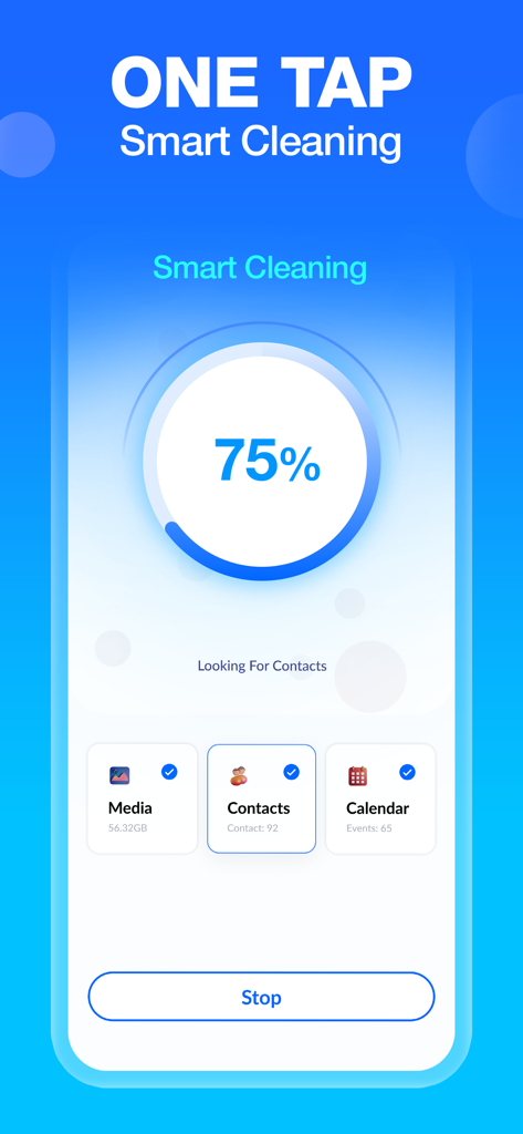 Cleaner - Clean Up Storage - Smartphone screen showing a 75 percent smart cleaning progress for media contacts and calendar