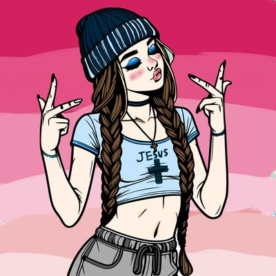 realistic teenage girl with braids and a beanie and crop top doing 🫶🏼