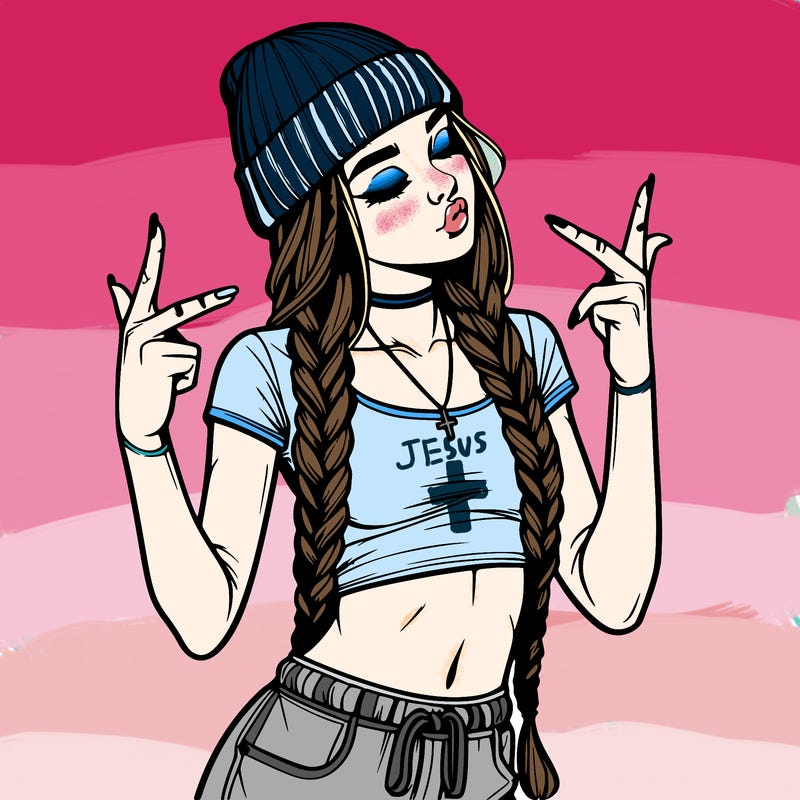 realistic teenage girl with braids and a beanie and crop top doing 🫶🏼