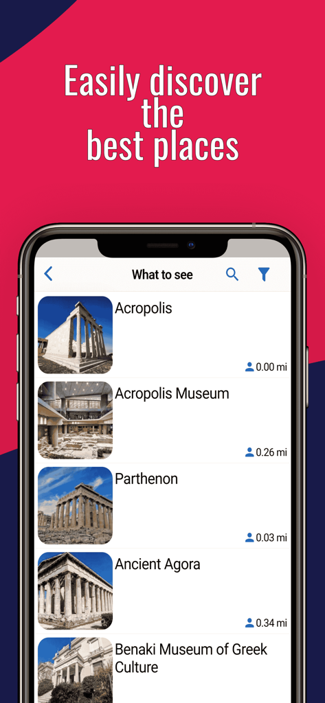 ATHENS Guide Tickets & Hotels - 아크로폴리스 및 국립 고고학 박물관과 같은 역사적 명소 목록을 보여주는 아테네 여행 가이드 앱