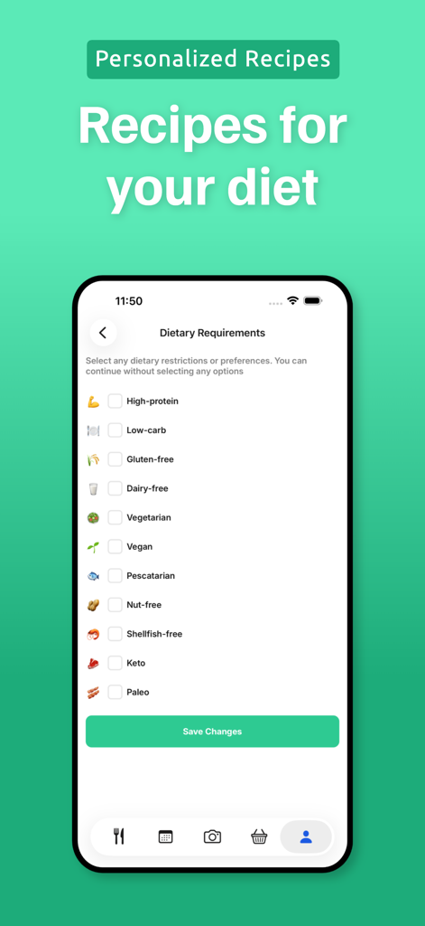 Pantry Pic: Photo to Recipe - Screen for selecting dietary requirements like keto vegan and gluten free in the Pantry Pic app