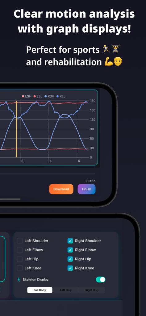 Pose & Angle - Pose and Angle app interface showing joint motion analysis graphs and skeletal tracking selection